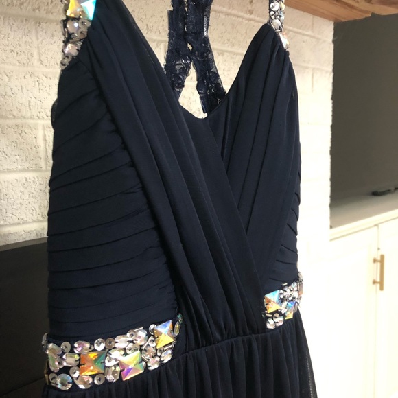 Navy Blue Prom dress with rhinestones. - Picture 3 of 6